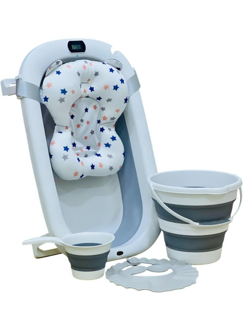 5-in-1 Foldable Baby Bathtub Set with Digital Temperature Sensor – Complete Bathing Kit with Anti-Slip Tub, Soft Cushion, Collapsible Bucket, Scoop & Shower Visor – Safe & Space-Saving Design for Newborns to Toddlers